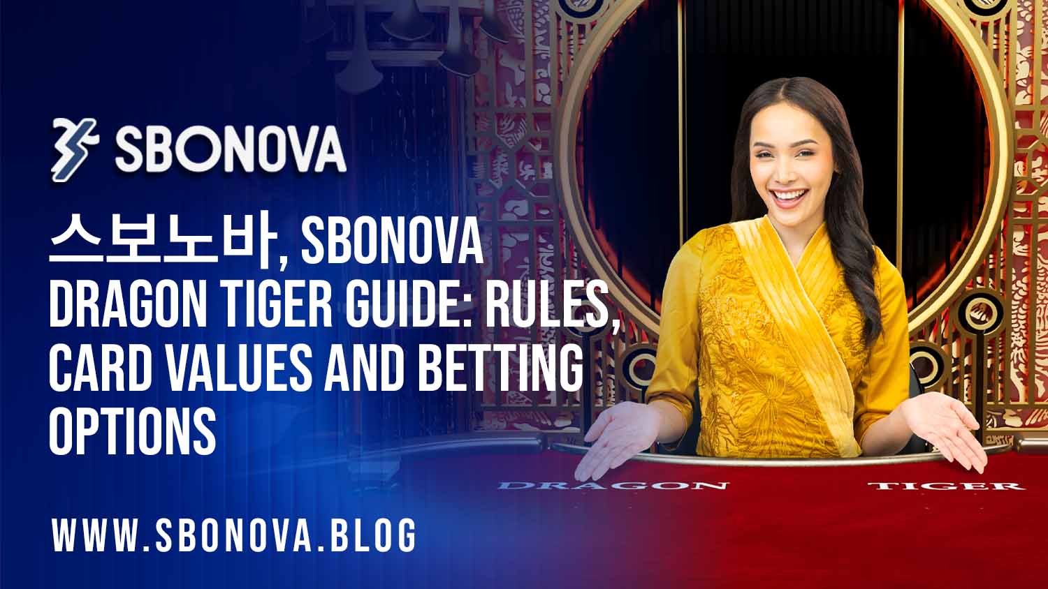 SBONOVA Dragon Tiger guide with Dragon and Tiger cards on a casino table